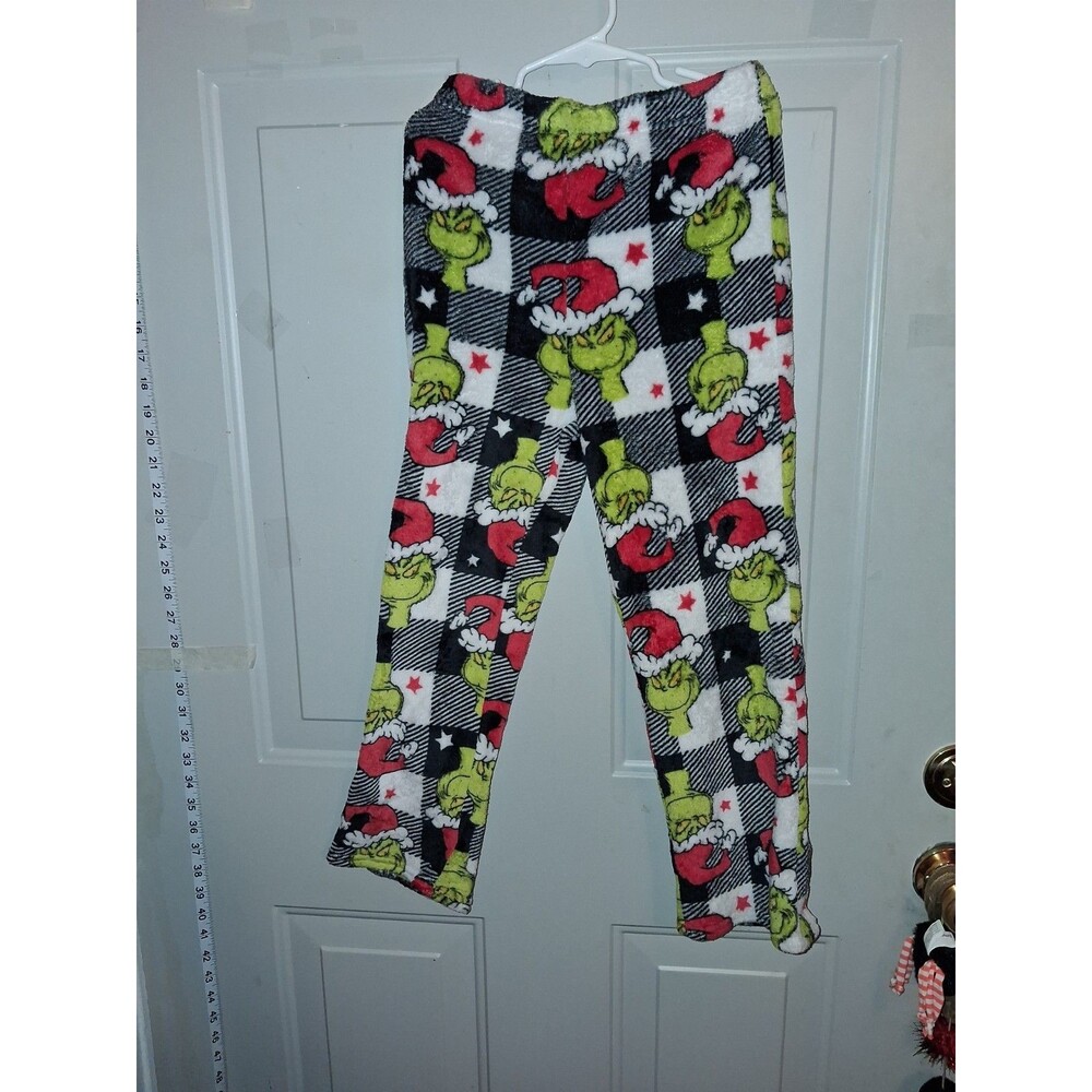 Dr Seuss The Grinch Pajama Pants Kids Sz 8 Black White Plaid Soft Fleece